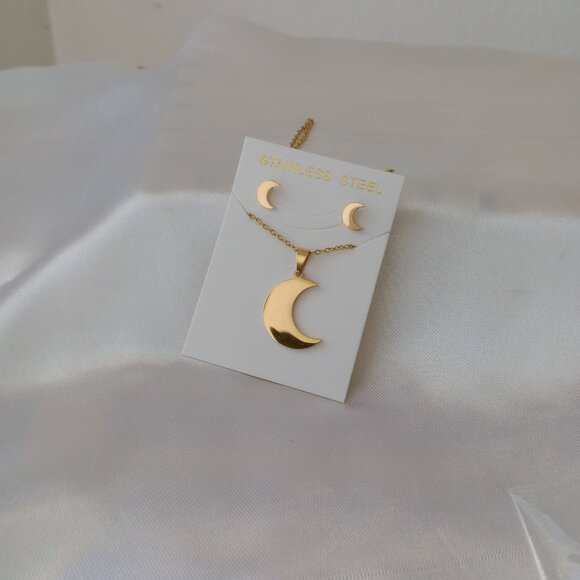 Gold Crescent Moon Jewelry Set — Stainless Steel Necklace & Dainty Stud Earrings - Picture 1 of 5